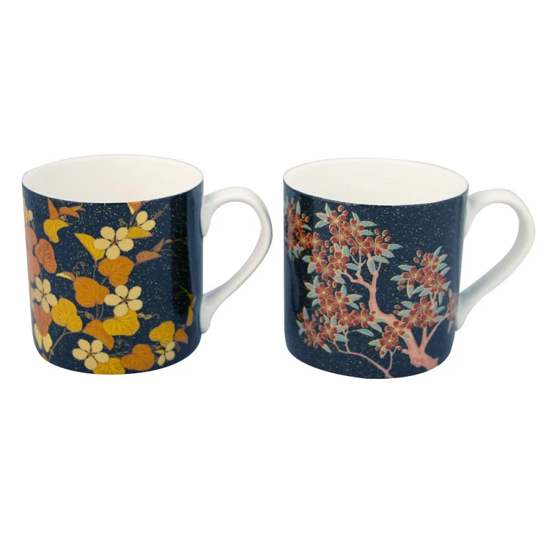Assorted Autumn Leaves Blue Mugs- 4 Set
