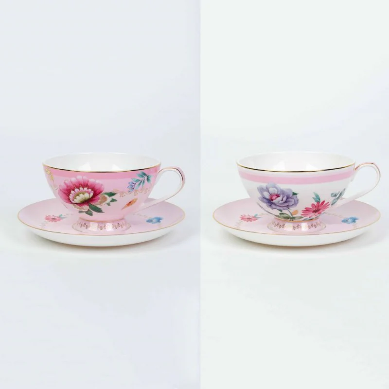 2 Asst Pink Floral Garden Tea Cup Saucer, Set of 4