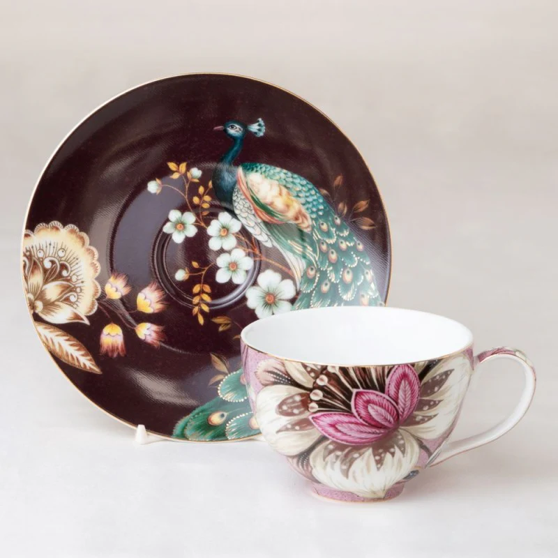 2 asst Pink Peacock Lotus Garden Tea Cup Saucer, Set of 4 - Image 2