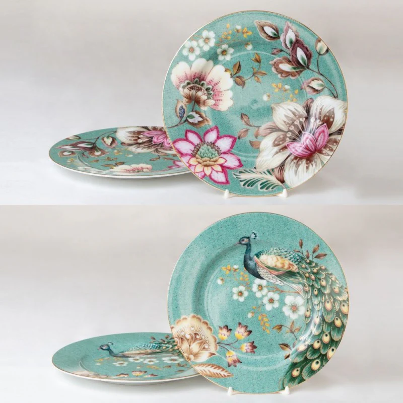 2 Asst Teal Lotus and Peacock Garden Salad Plates, Set of 4