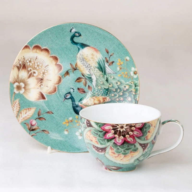2 asst Teal Peacock Lotus Garden Tea Cup Saucer, Set of 4