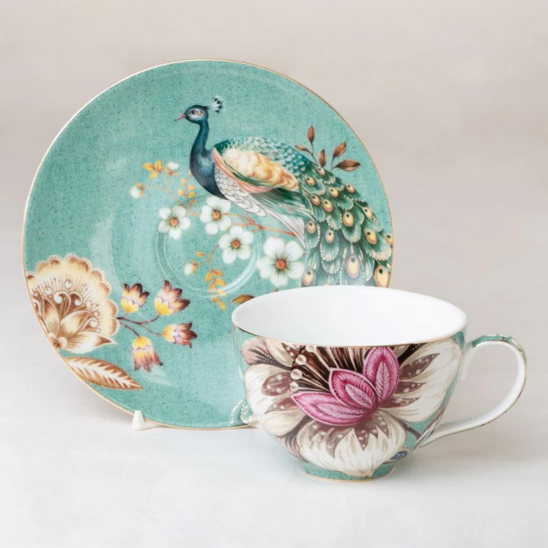 2 asst Teal Peacock Lotus Garden Tea Cup Saucer, Set of 4 - Image 2