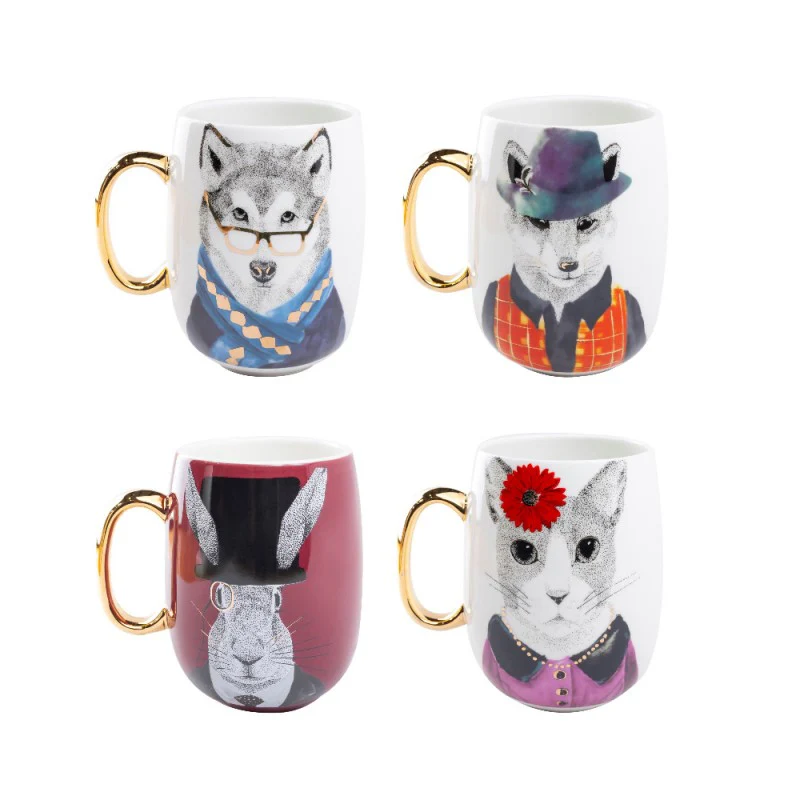 4 Animal Gold Handle Coffee Mugs, Set of 4