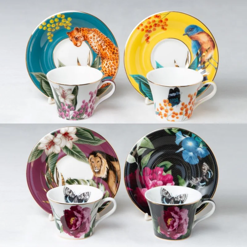 4 asst Forest Friends Coffee cup Saucer, Set of 4. Gift Boxed