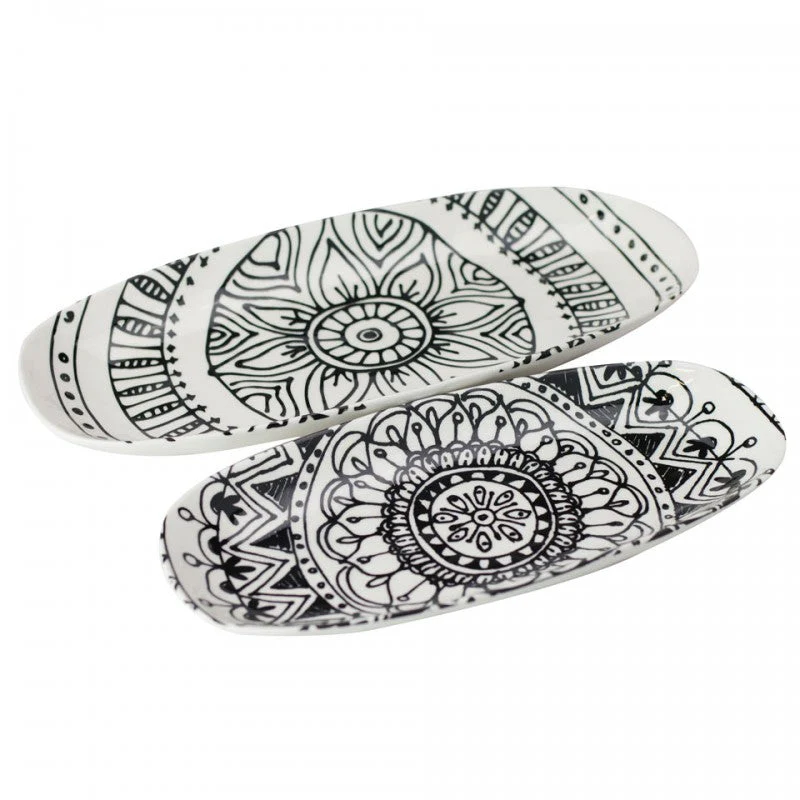 Black BOHO Organic Oval 12 Inch Serving Trays, Set of 2