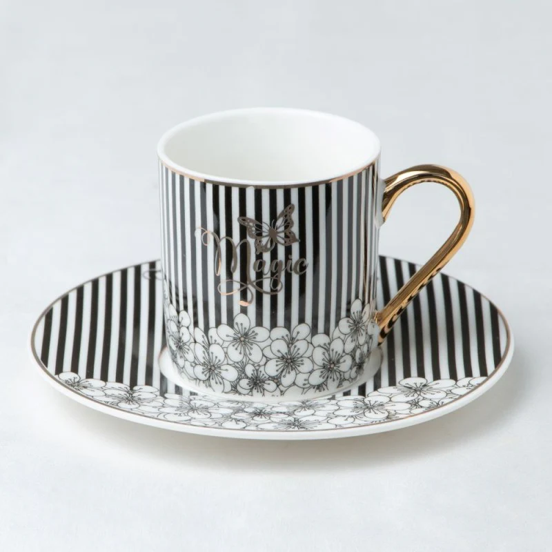 Black Strips Butterfly Espresso Cups and Saucers, Set of 4 Boxed