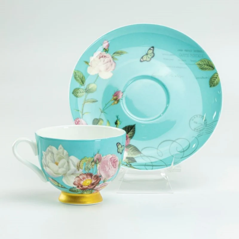 Blue Butterfly Rose Bone China Demi Coffee Cups and Saucers, Set of 4