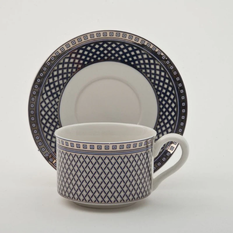 Blue Silver Geo Coffee Cups and Saucers, Set of 4