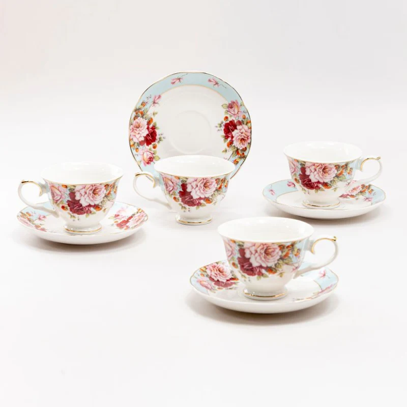 Blue Strawberry Rose Demi Cup Saucer, Set of 4. Boxed