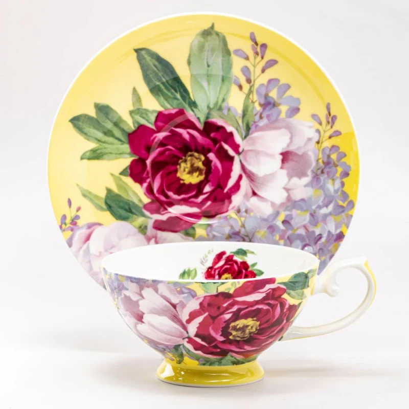 Bone China Peony Bloom Butter Tea/coffee Cups and Saucers, Set of 4