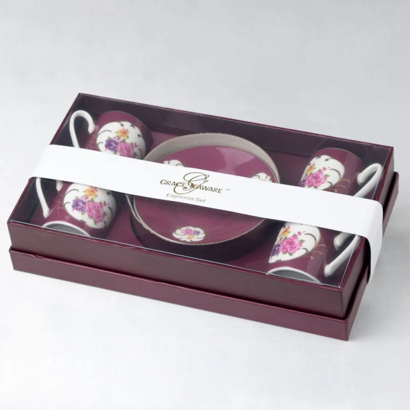 Burgandy Rose Espresso Cups and Saucers, Set of 4 Boxed - Image 2