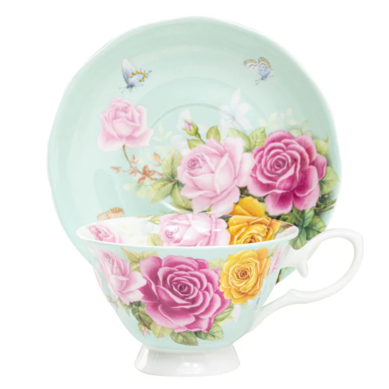 Floral Bouquet blue/mint Cups with Saucers, Set of 4
