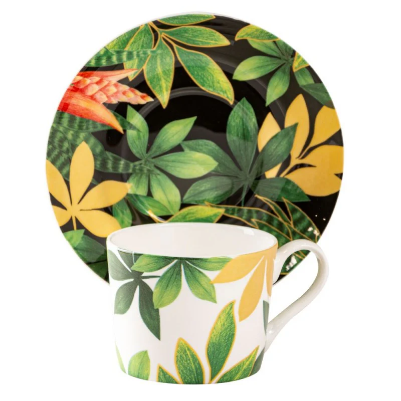Green Gold Leaves Bone China Coffee Cups and Saucers, Set of 4