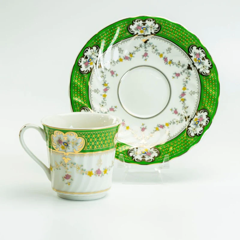 Green Floral Porcelain Teacup and Saucer-Set of 2