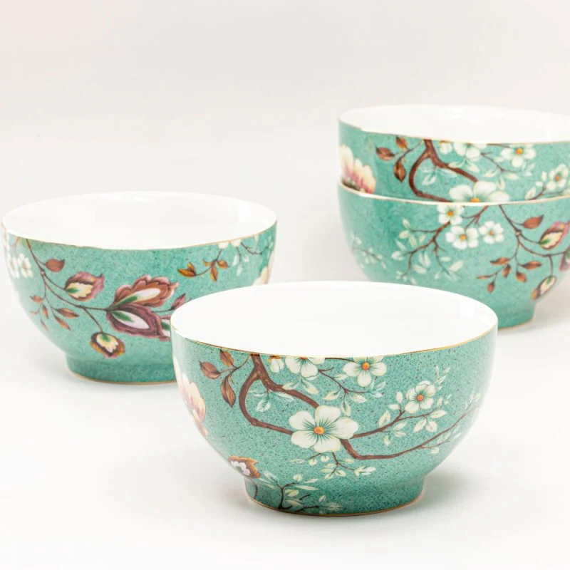 Green Peacock Lotus Garden Cereal Bowls, Set of 4