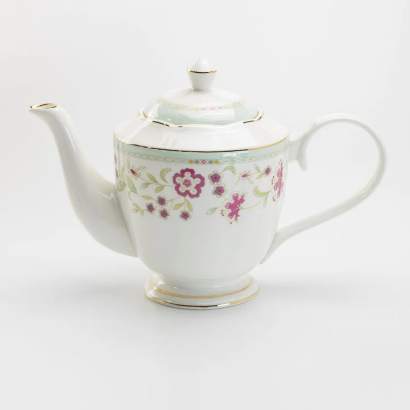 Green Rim Pink Corn Flower Tall Teapot