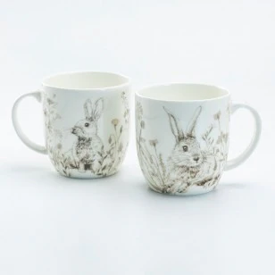 Grey Bunny Bone China Mugs, Set of 4