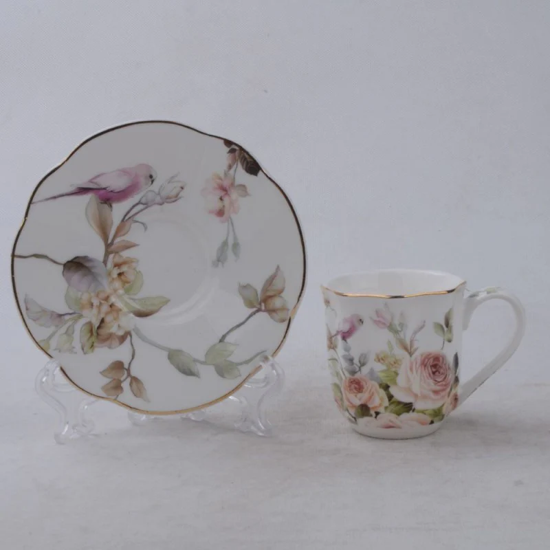 Magnolia Garden Espresso Cup Saucer, Set of 4. Gift Boxed