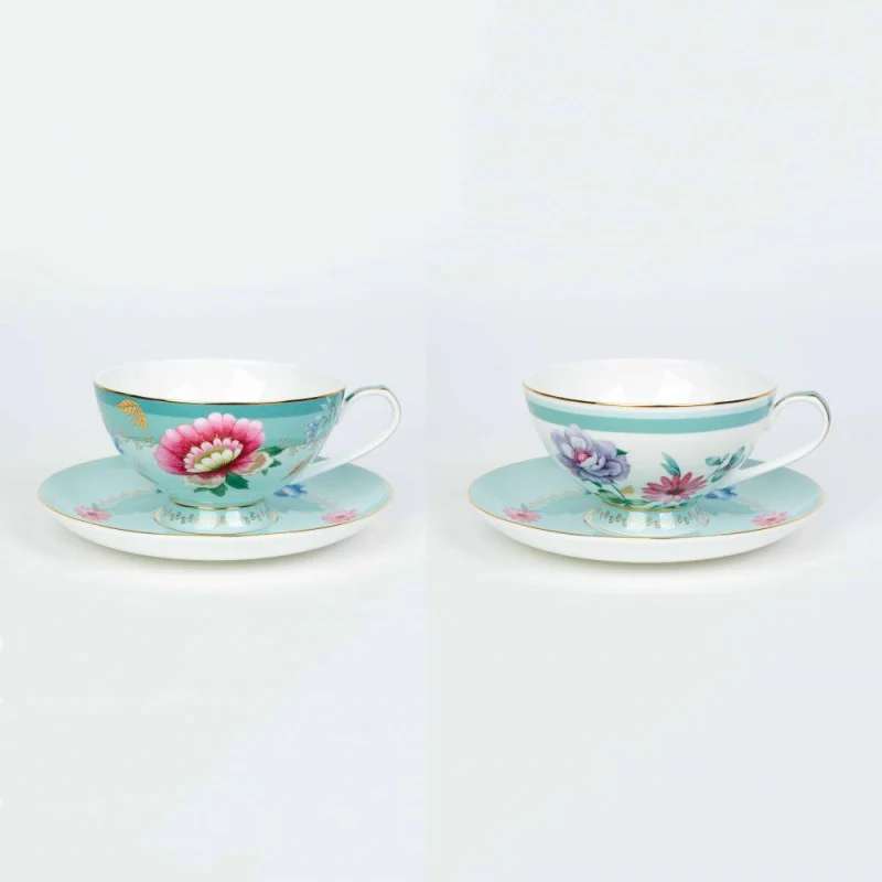 2 Asst Mint Floral Garden Tea Cup Saucer, Set of 4