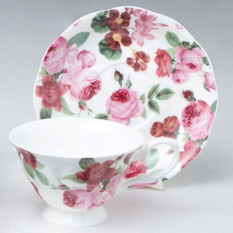 Pink Cabbage Rose Bone China Cup Saucer. Set of 4
