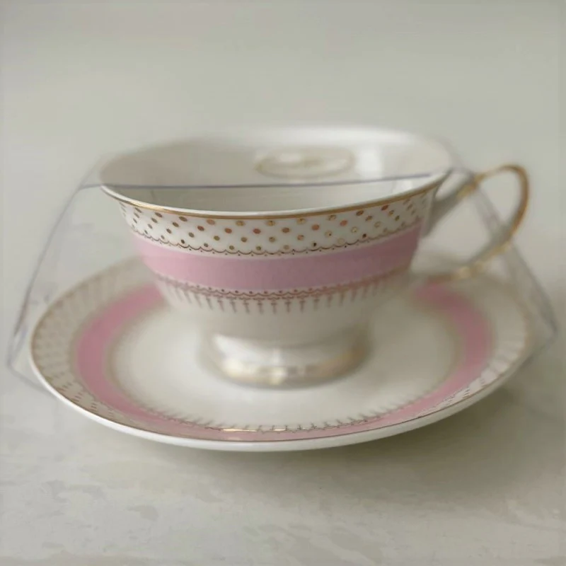 Pink Gold Pin Dot Cup Saucers, Set of 4