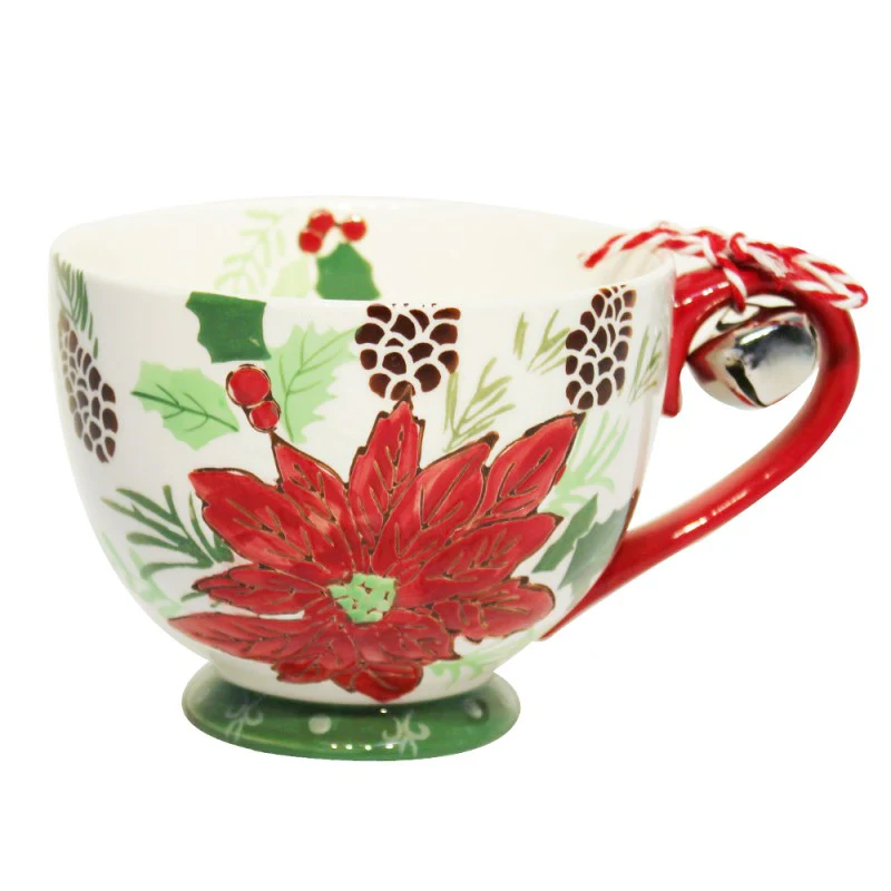 Poinsettia and berry Happy Holiday Jumbo Cups with Jingle Bell, Set of 4