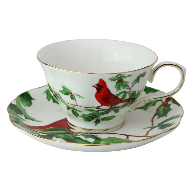 Red Cardinal Tea Cup Saucer. Set of 4