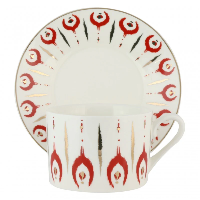 Red Gold Chevon Coffee Cup Saucer, Set of 4
