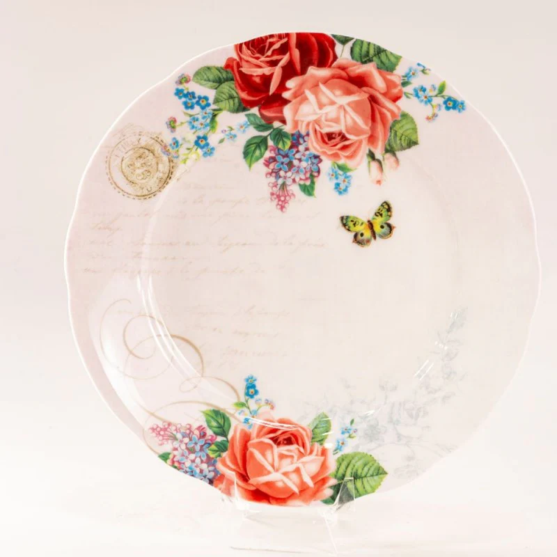 Liz Garden Red Rose Bone China Scallop Salad Plates, Set of 4