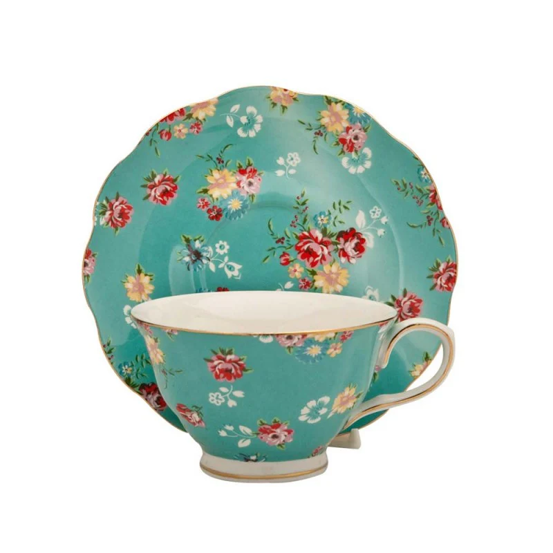 Shabby Rose Turq Tea Cups and Saucers, Set of 4