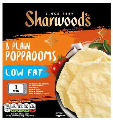 Sharwoods Extra Large 8 Plain Poppadums Low Fat. 94g