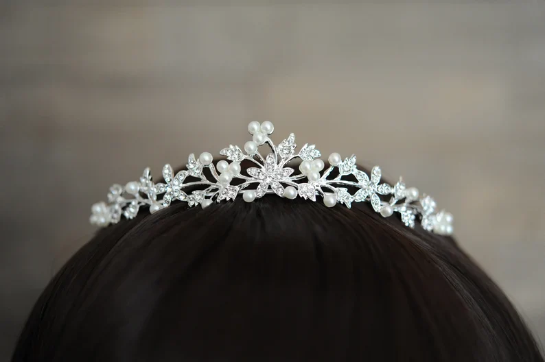 Silver Pearl and Rhinestone Tiara - Image 3
