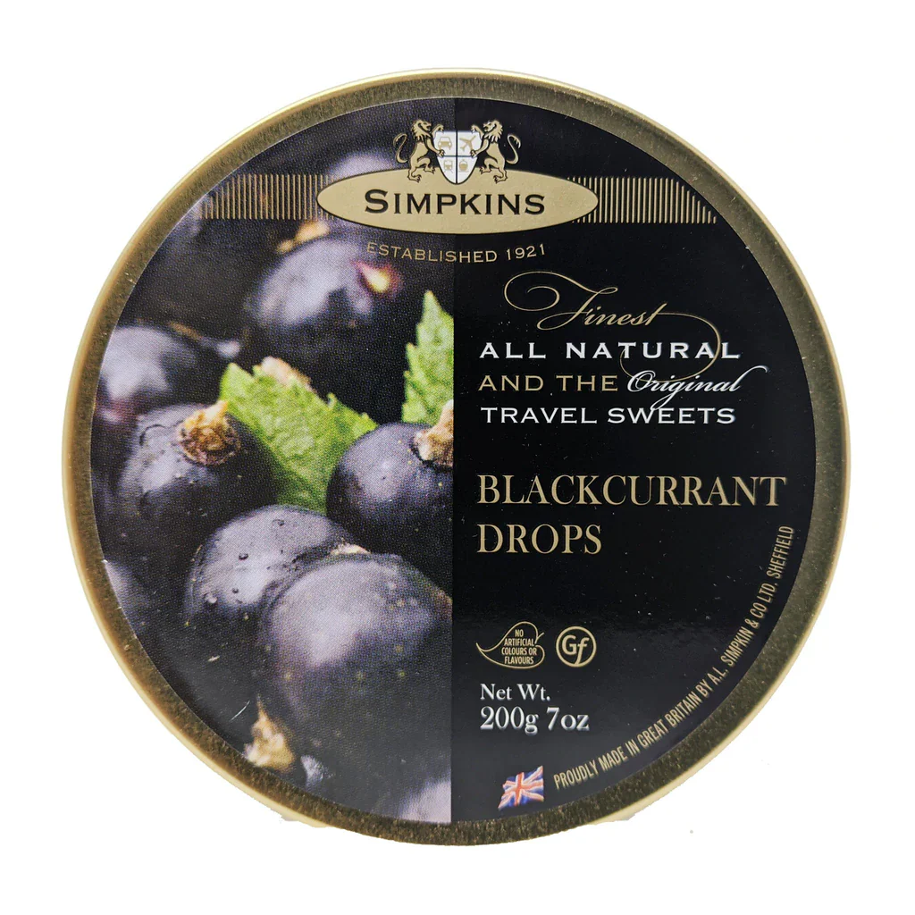 Simpkins Travel Sweets Tin. Blackcurrant 200g/7oz.