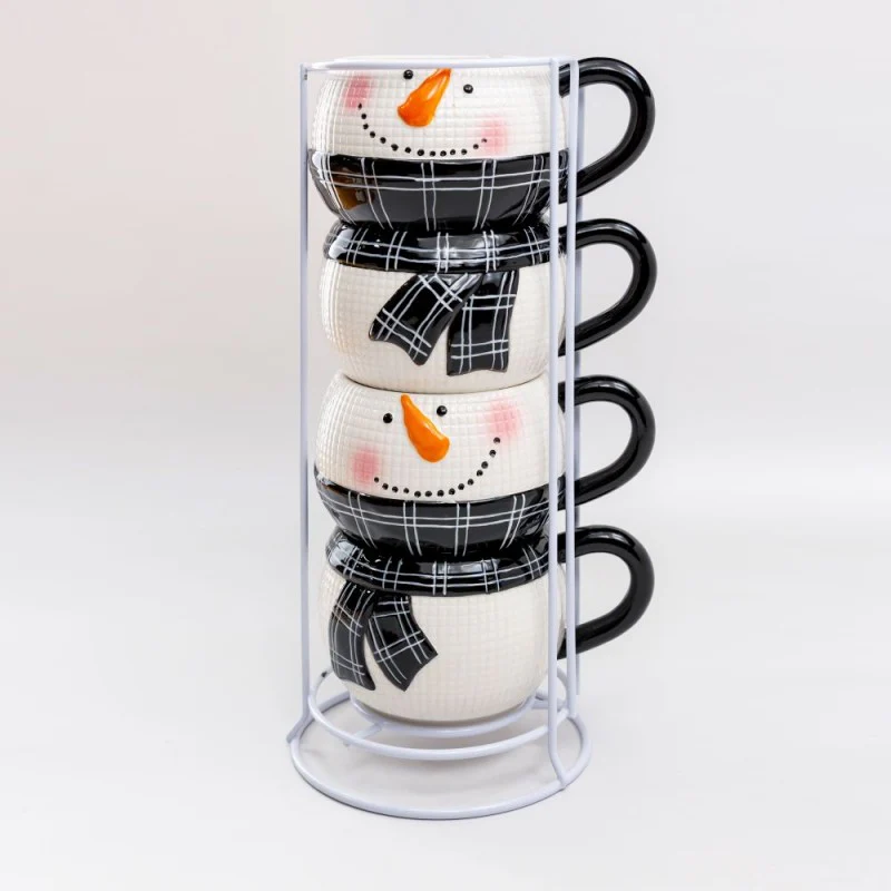 Stacked Black Snowman Ceramic Tower Mugs. 5 Piece Set