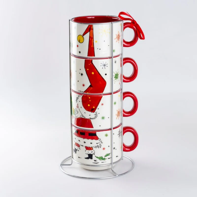 Stacked Red Elf Ceramic Tower Mugs. 5 Piece Set
