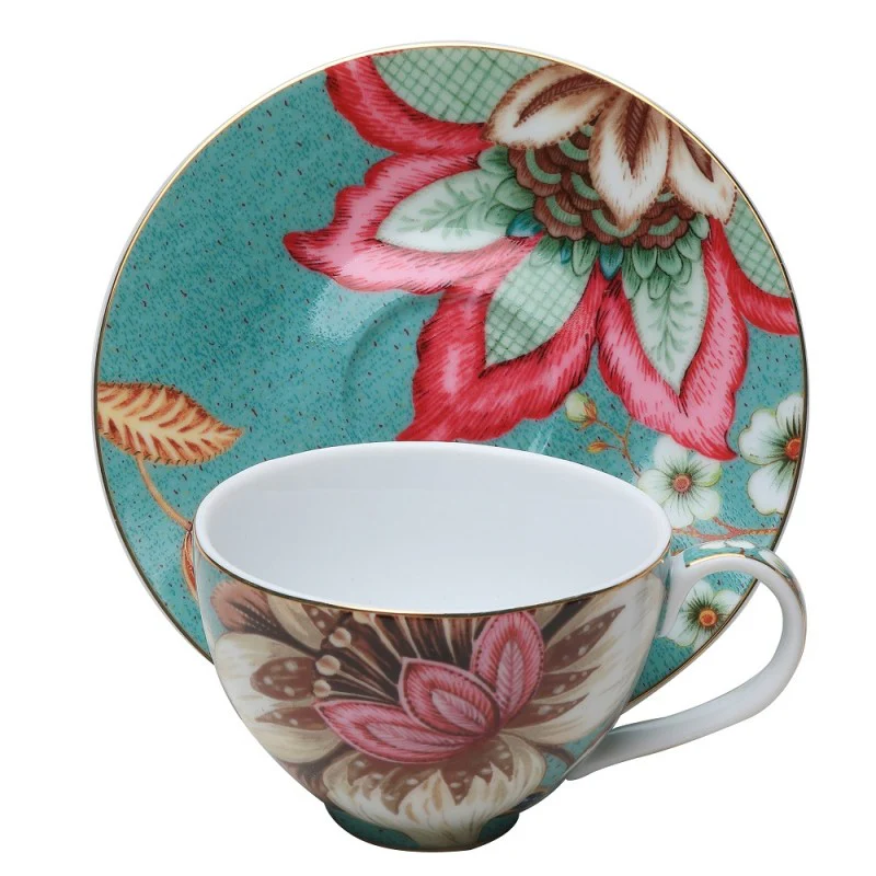 Teal Lotus Garden Demi Cup Saucer, Set of 4