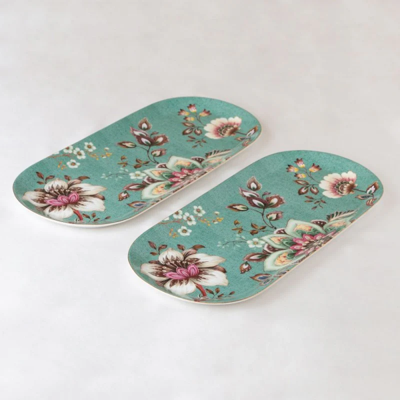 Teal Lotus Garden Serving Tray, Set of 2