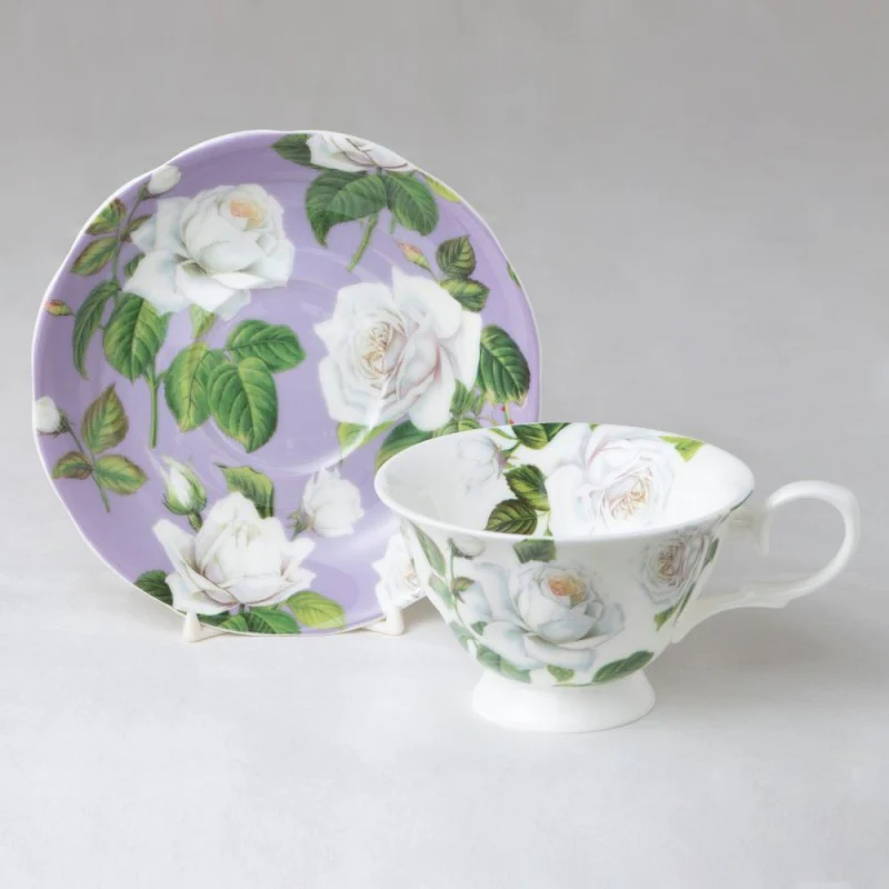 White Rose Purple Bone China Cup Saucer. Set of 4