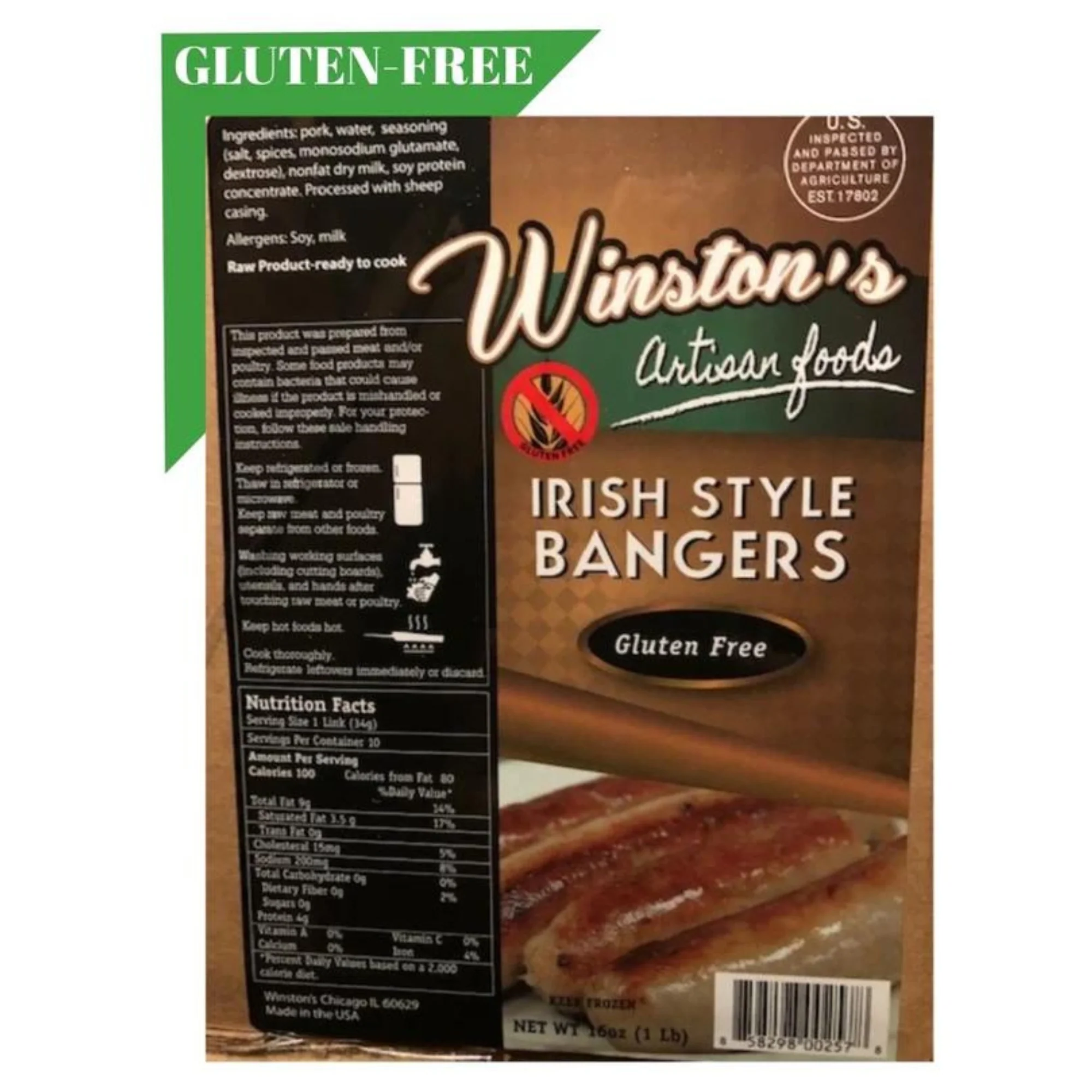 Winstons Gluten Free Irish Pork Dinner Sausages. 1lb ship weight