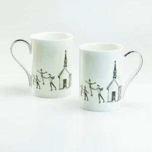 Wonderland Black Ski Bone China Mugs, Set of 4