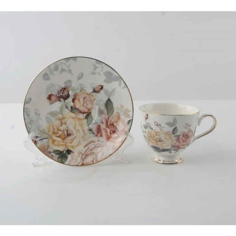 Yellow Rose Scallop Cup Saucer Set, Set of 4